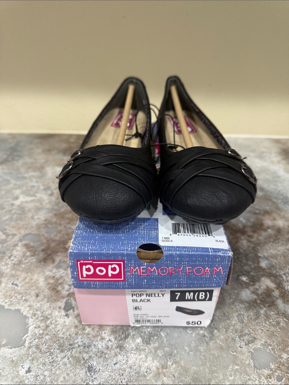 pop Black Memory Foam Slip-On Ballet Flats with Woven Strap